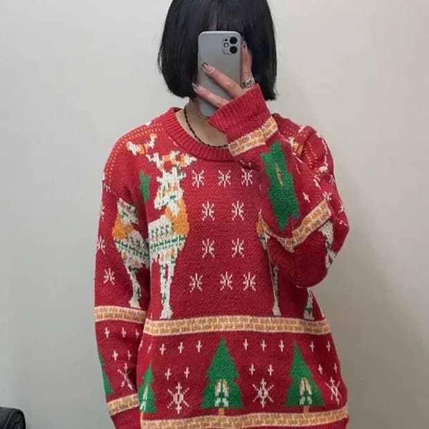 프리 사슴 크리스마스트리 패턴빈티지 스웨터