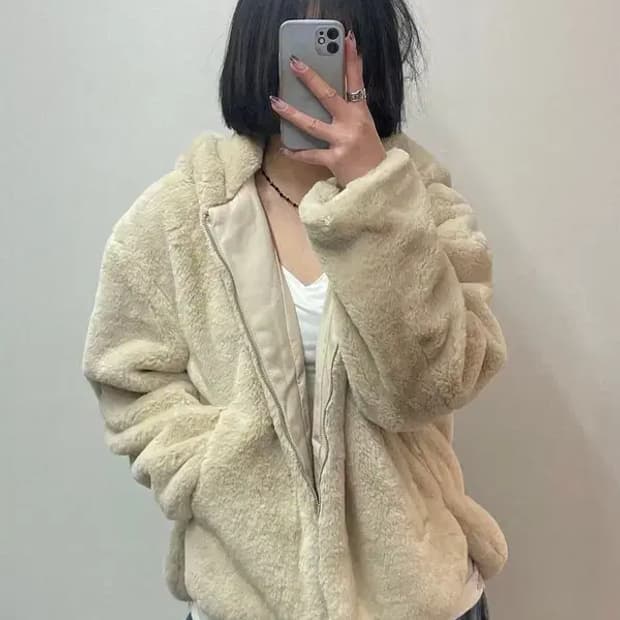 스몰 자라 크롭 베이지색 퍼 후드 집업 재킷