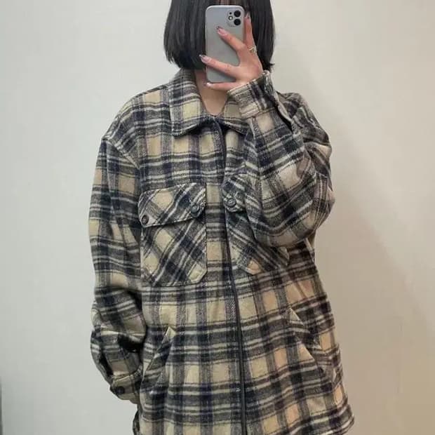 라지 오버핏 빈티지 기모 포켓 체크 자켓 베이지
