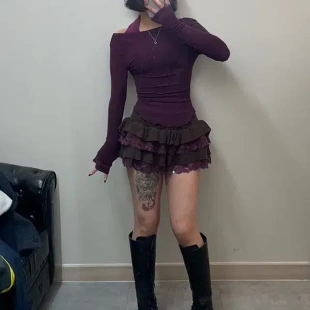 wooha 새상품 골지 니트 캉캉 레이스 미니스커트 코디세트