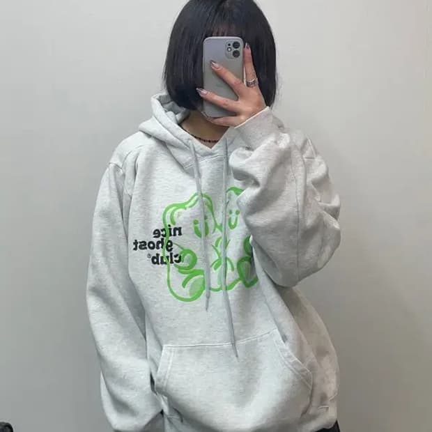 라지 나이스고스트클럽 오버핏 베어 프린팅 로고 후드티셔츠 후디