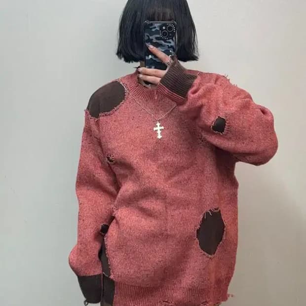 새상품 LACRAWFISH 십자가 디스트레스드 니트 멜란지 핑크