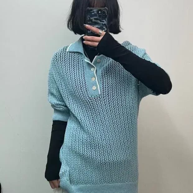 새상품 미디움 노앙 크로셰 반팔 칼라 니트 라이트 블루