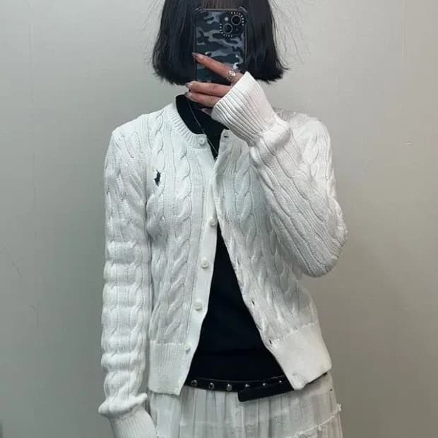 스몰 폴로 랄프 로렌 화이트 코튼 케이블 니트 크루넥 가디건