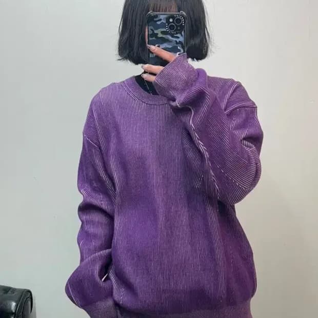 3 사이즈 르마드 투톤 사선 라운드 니트 퍼플