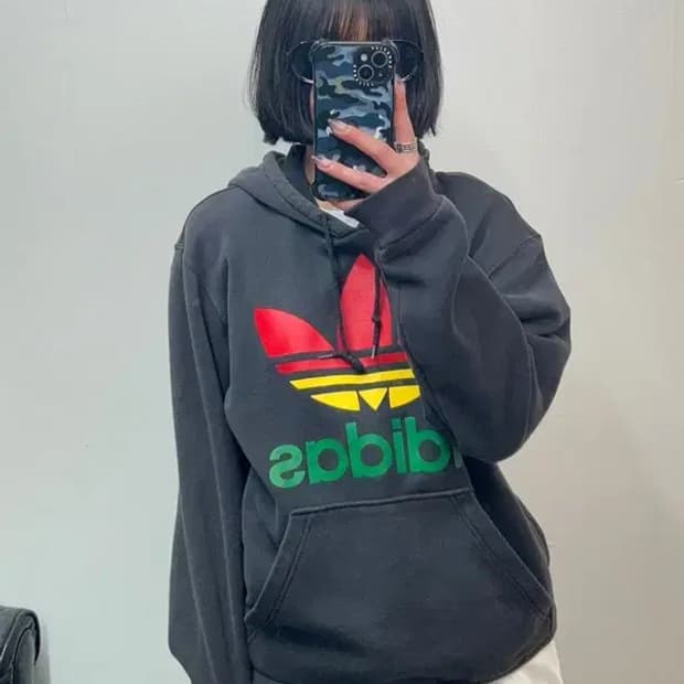 100 아디다스 빅로고 트레포일 후드 티셔츠 블랙