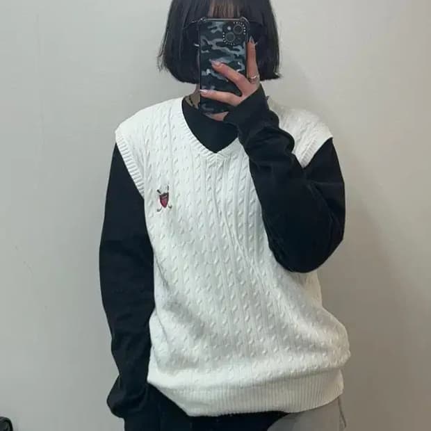 라지 봄 폴로 골프 케이블 니트 베스트 화이트