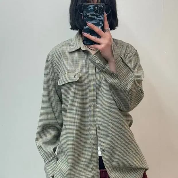 라지 90s 입생로랑 투포켓 오버핏 체크 셔츠 베이지