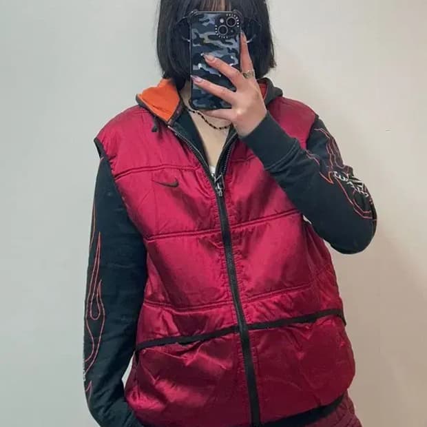 미디움 나이키 90s 빈티지 유광 나일론 경량 패딩 조끼 버건디