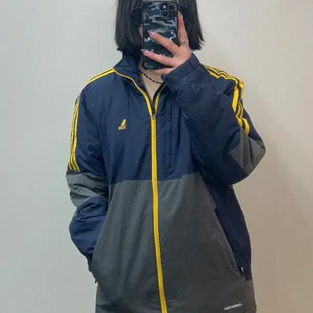 95 아디다스 배색 옐로우 삼선 포모션 패디드 폴리 패딩 재킷 네이비