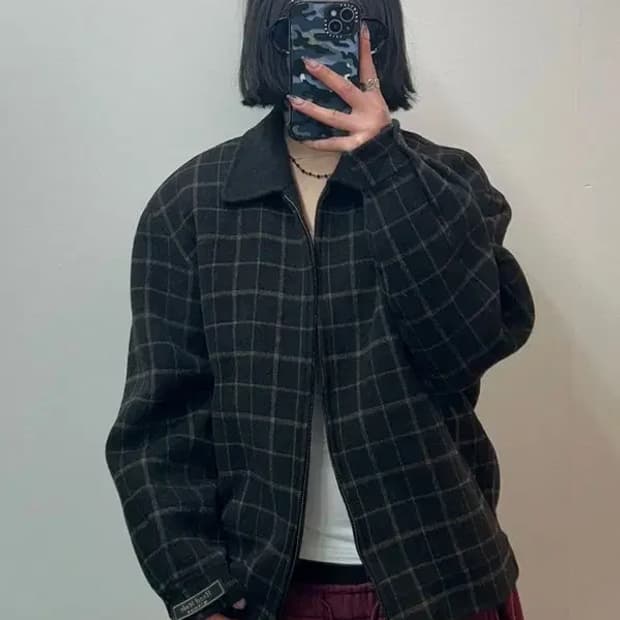 100 인디안 빈티지 체크 울 혼방 기모 코트 자켓