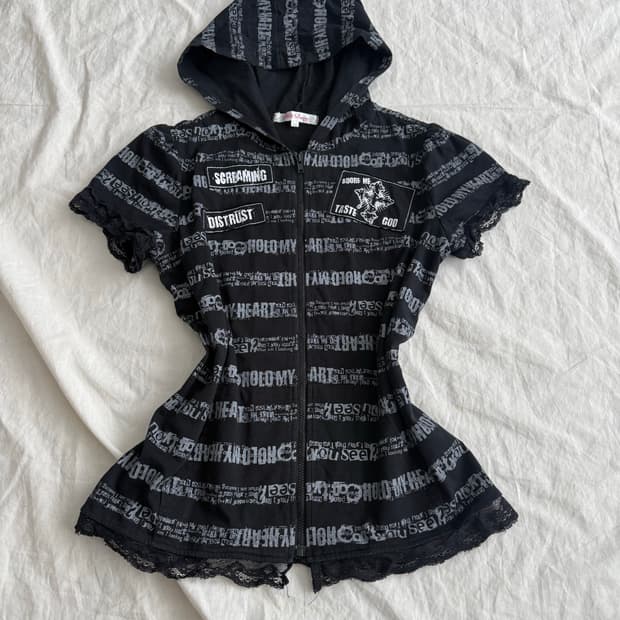 갸루펑크 단가라 반팔 후드집업