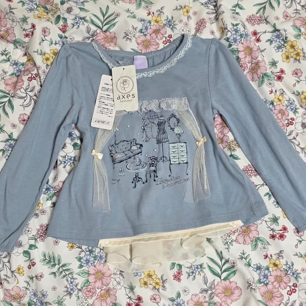 엑시즈팜 키즈 일본빈티지)아동 110 로맨틱 블루 레이스프릴 긴팔티셔츠