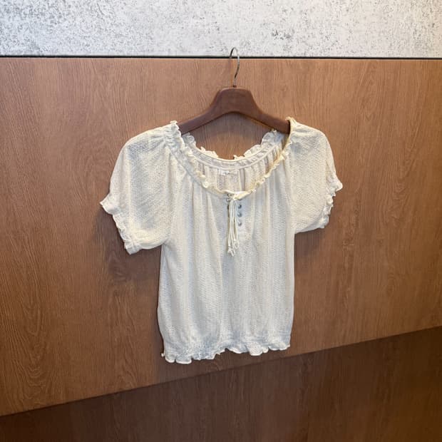 빈티지 반팔 블라우스 레이스업 디테일 아이보리 k209