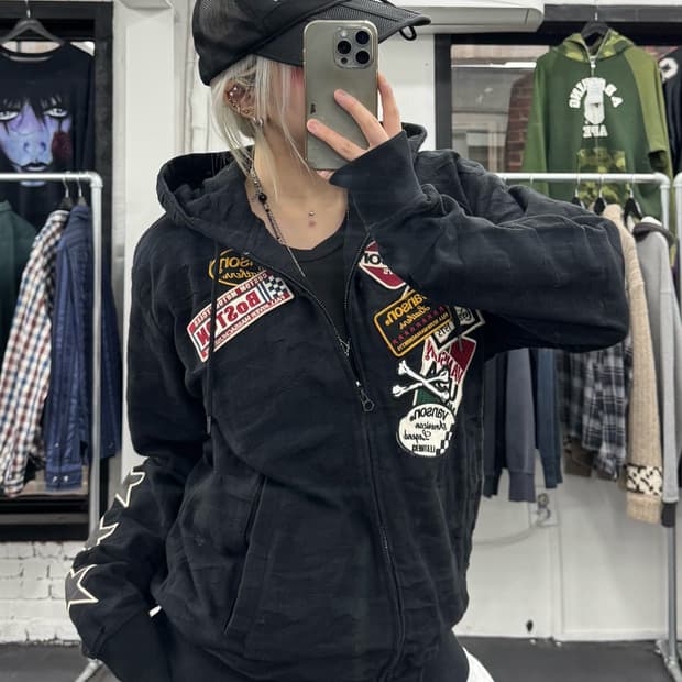 밴슨 레더 패치워크 카모 후드집업