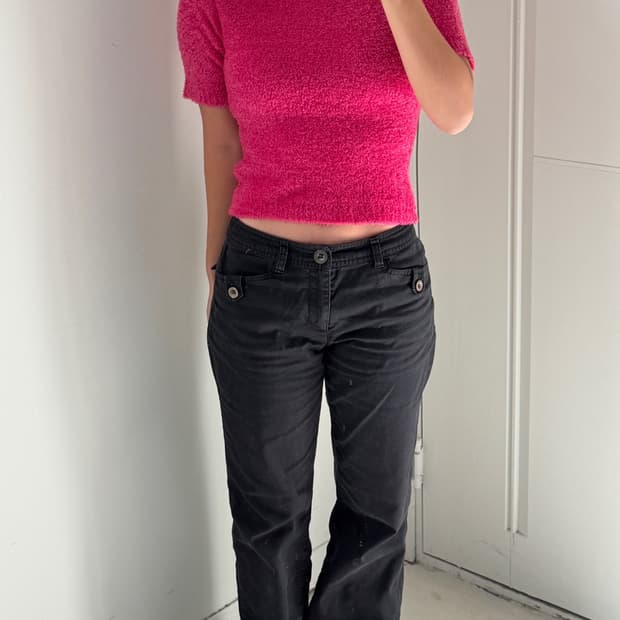 일본빈티지 핫핑크 반팔 터틀넥스웨터