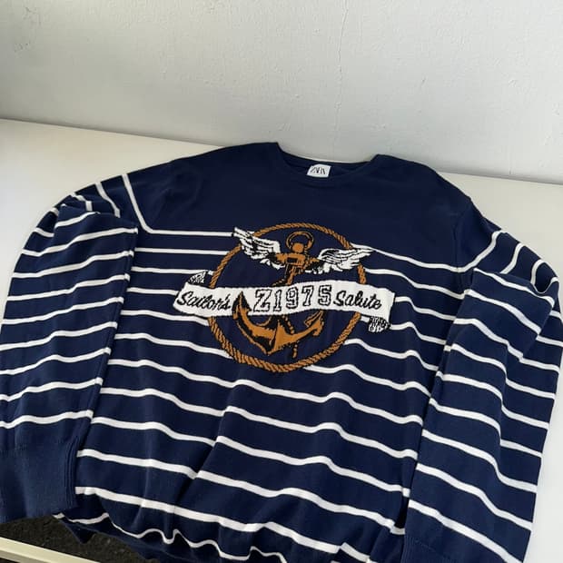 XL 자라 네이비 닻로고 얇은 라운드면니트