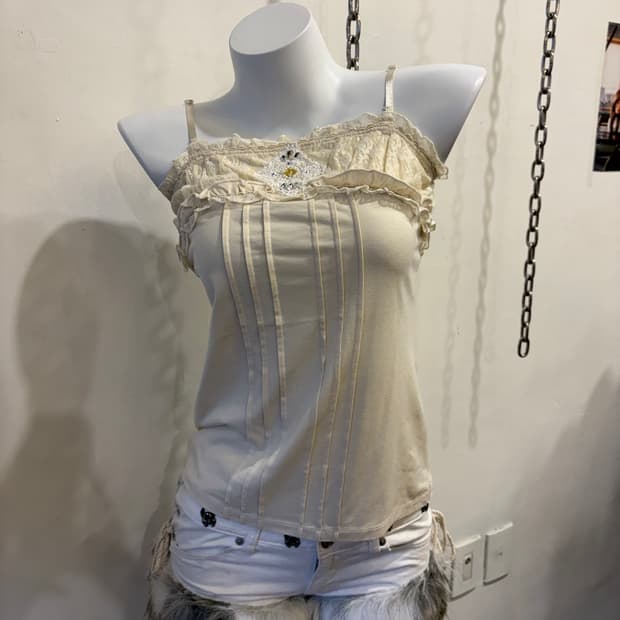 axes femme 엑시즈팜 진주 큐빅 레이스 아이보리 슬리브리스 모리