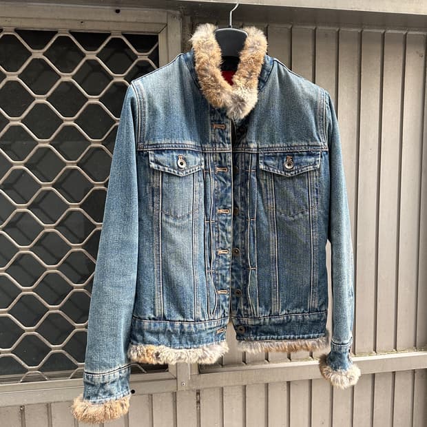 G2B2 denim rabbit fur trimming jacket