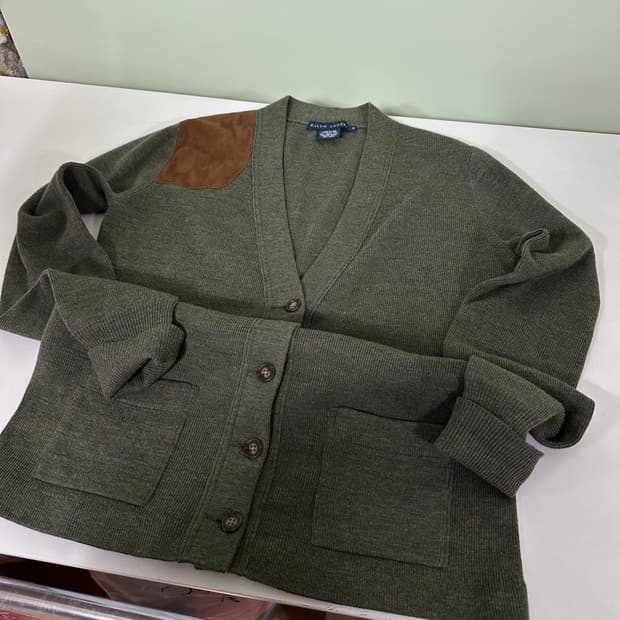 우먼M-L 폴로 랄프로렌 카키 염소가죽패치 메리노울 가디건