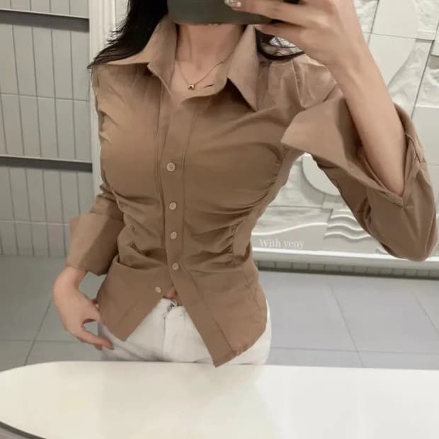 셔링 스판 카라 긴팔 블라우스 브라운