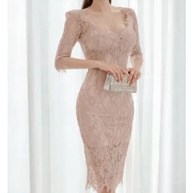 티나니 레이스 미디 원피스 베이지 고급 파티룩