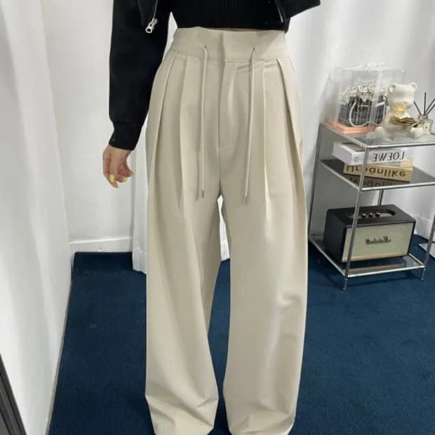 와이드 끈 스트링 뒷밴딩 롱 슬랙스 아이보리