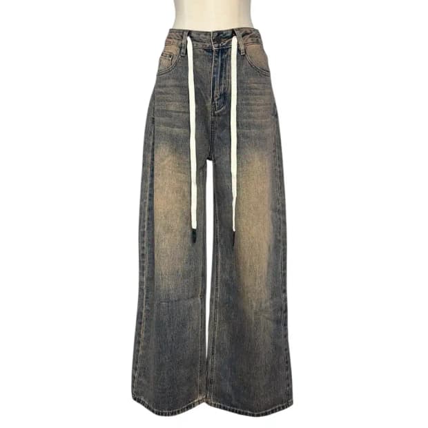 워싱 데님 와이드 팬츠 끈바지 스트링 청바지