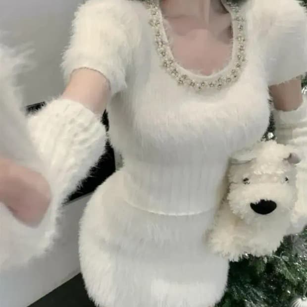 큐빅 앙고라 니트 반팔 +미니스커트 투피스 워머 세트 아이보리 블랙