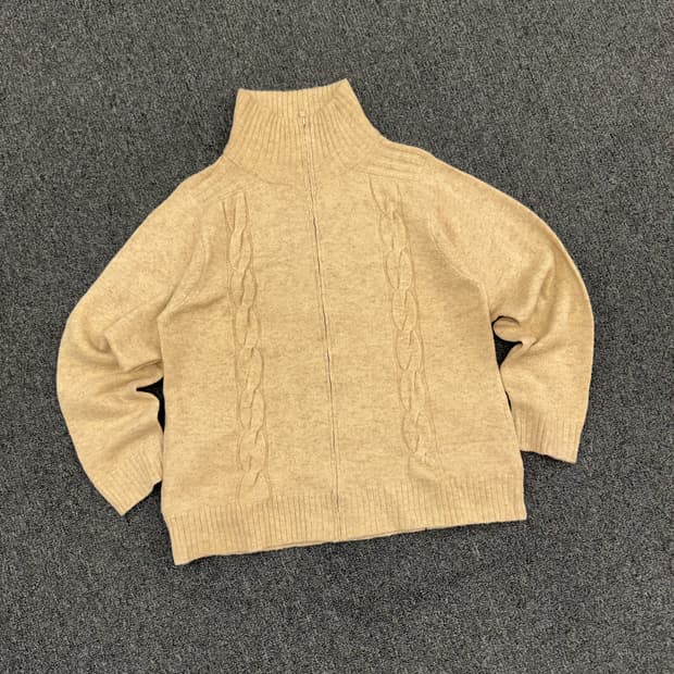 OS)Japanese vintage 베이지 꽈배기 패턴 여성 니트집업