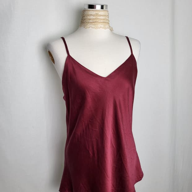 빈티지 딥 버건디 새틴 슬립 나시 탑