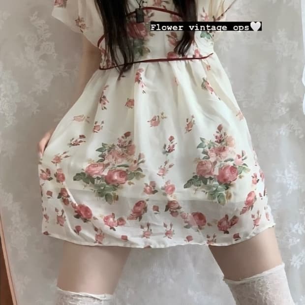 버타플라이빈티지 플라워 쉬폰원피스 / 카모메산장 묘오우 카라하나 크루몽글