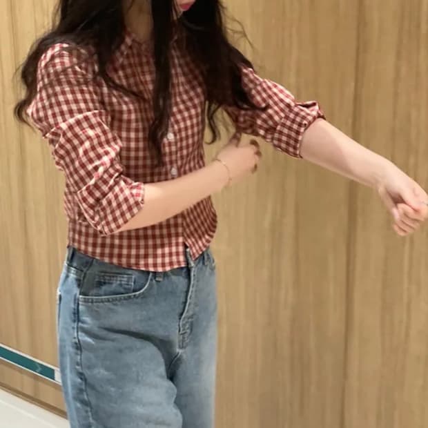 에이블리 toneover 비비드 레드체크 크롭 긴팔 셔츠 블라우스