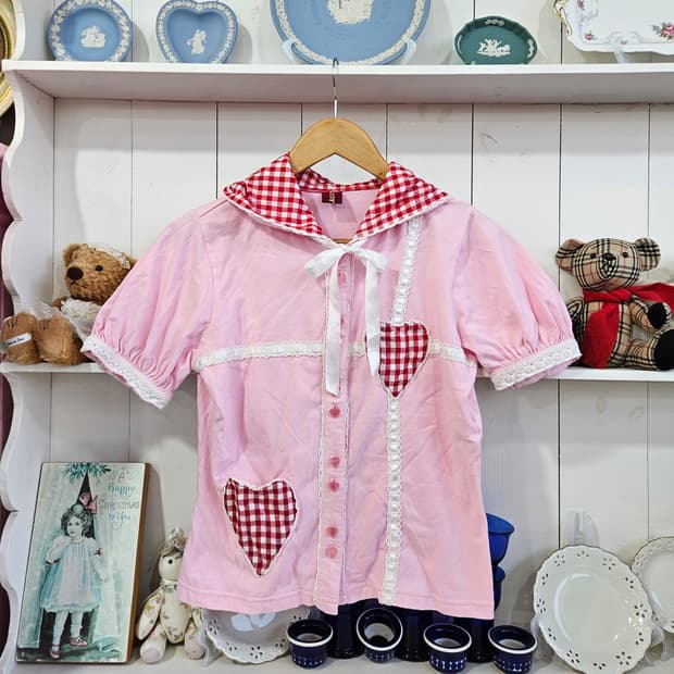 (BODY LINE) 토끼후드 하트 체크 반팔 후드탑