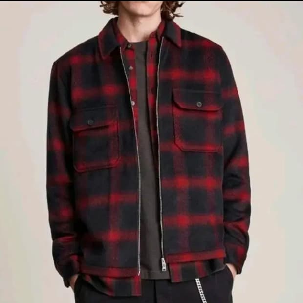 올세인츠 레드 체크 울 집업 자켓