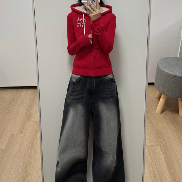 아베크롬비 딱붙핏 자수로고 양털안감 레드 후드집업