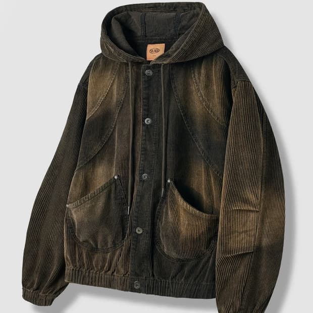 페이드 워싱 슬래쉬 코듀로이 후드 자켓 더스트 블랙