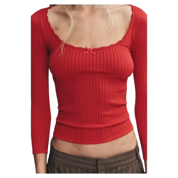 [실사O] 자라(ZARA) 레드 골지 라운드넥 티셔츠