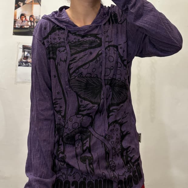 버섯 프린팅 퍼플 후드티 히피