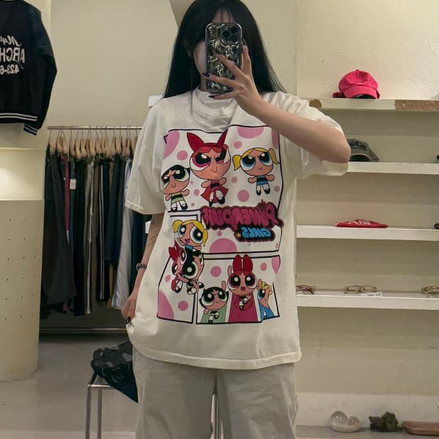 빈티지 파워퍼프걸 프린팅 반팔 티셔츠 U1598