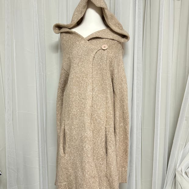 베이지 후드 숄카라 롱 니트 가디건 모리걸 