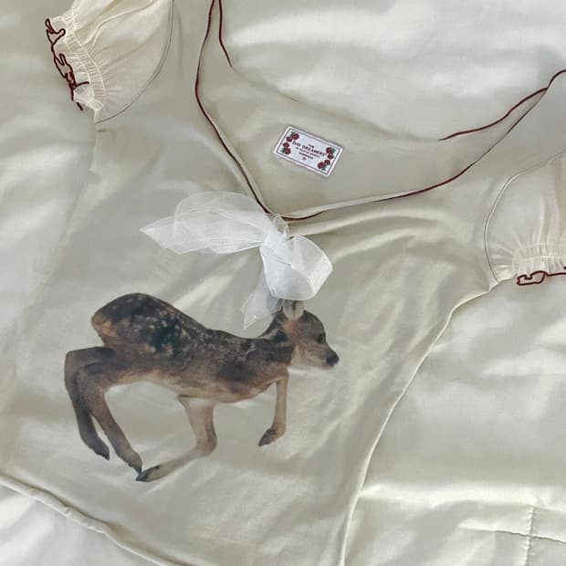 매물 최저가*스컬프터 퍼프 슬리브 크림 티 사슴 프린팅