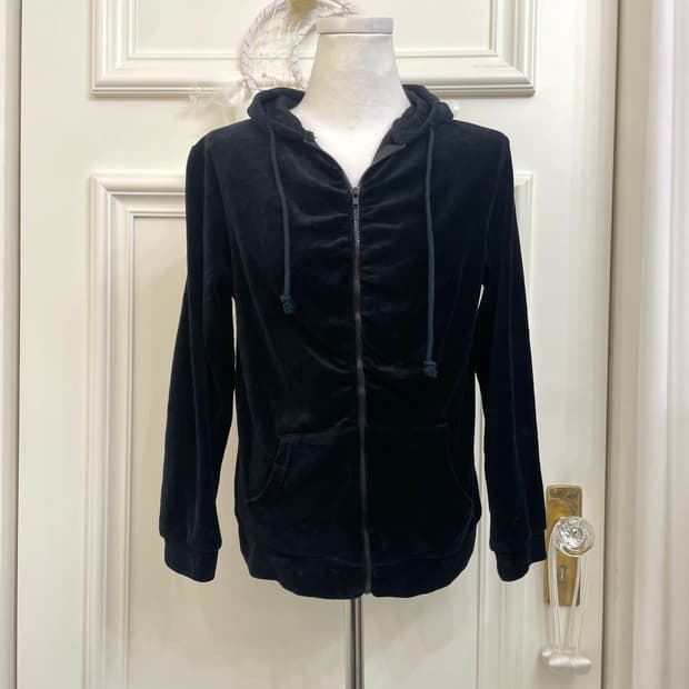 black velvet shirring hoodie lace zip-up