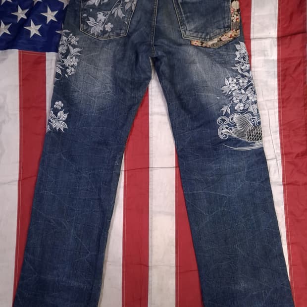 오리지날 일본판 풍신뇌신 오리엔탈 자수 잉어 데님진