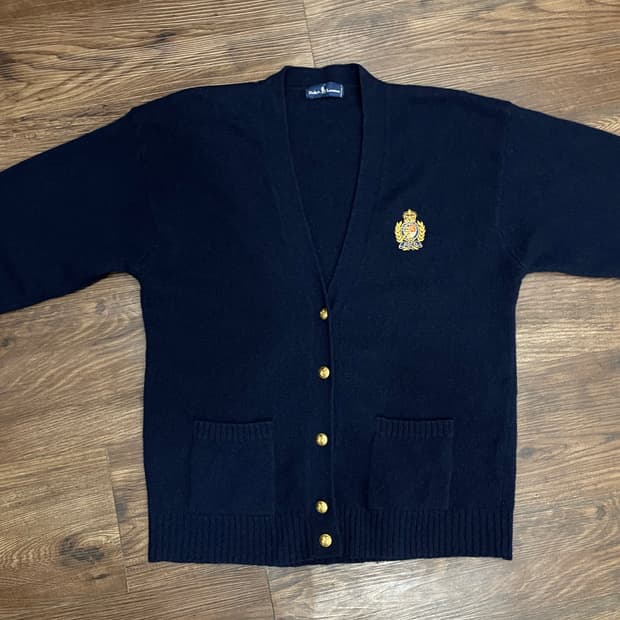 90s 폴로 금장 크레스트 와펜 울 가디건 네이비