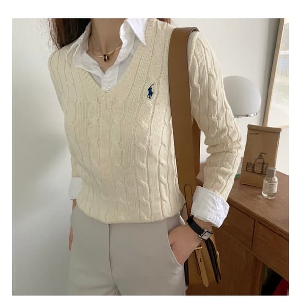 여성 폴로랄프로렌 케이블코튼 브이넥니트
