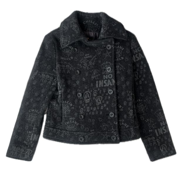 히스테릭 글래머 아카이브 화난 토끼 스케치 더블 버튼 크롭 쇼트 피코트 