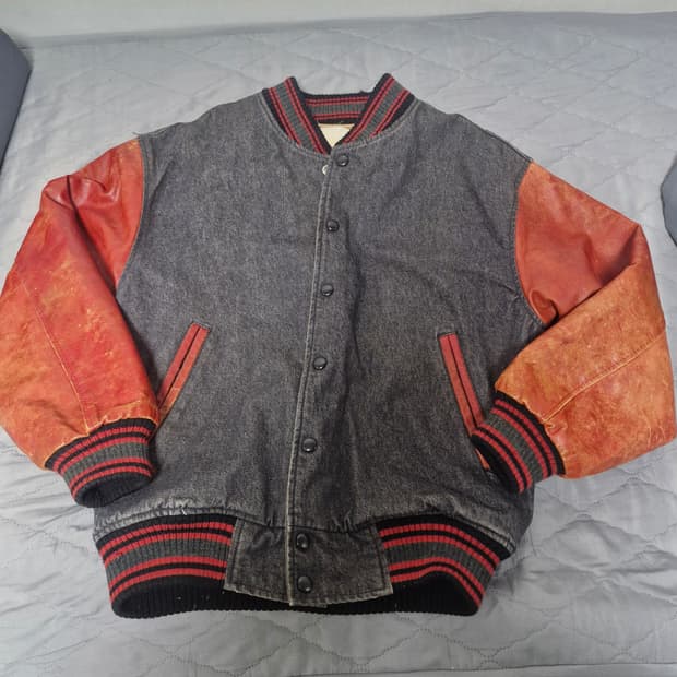 90s Scene 빈티지 레더 데님 바시티 자켓