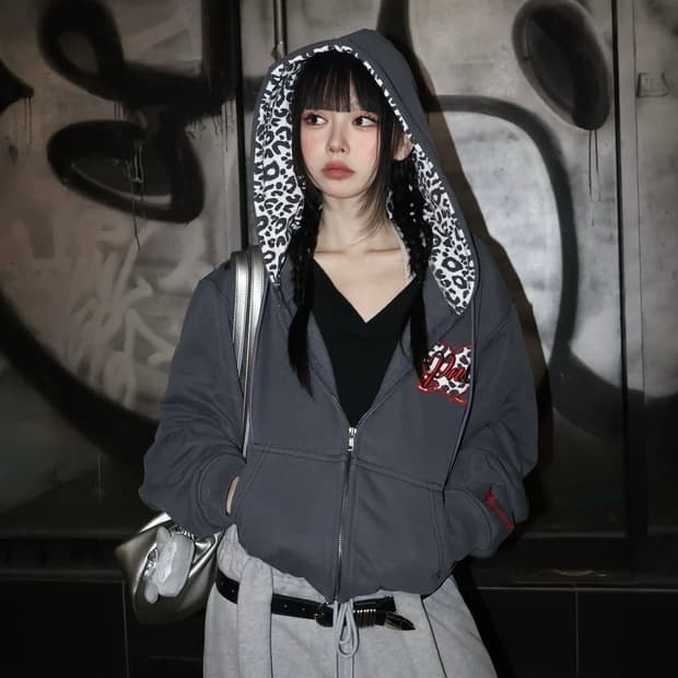 미개봉) 플리즈노팔로우 레오파드 하트 로고 후디 집업