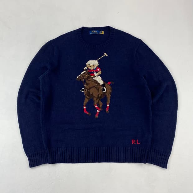 폴로 QR 신형 베어 코튼 네이비 라운드 니트 (100)